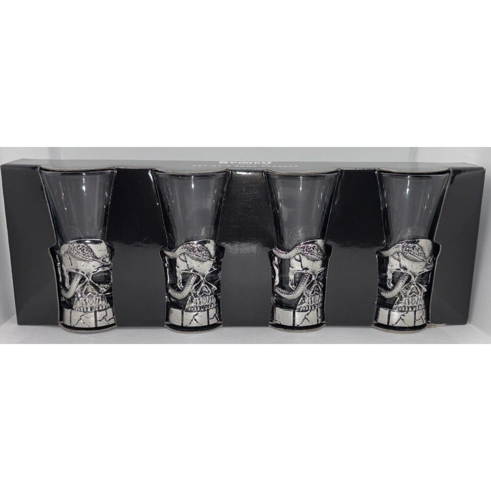 Tall Skull Shot Glasses w/Metal Coiled Snake Eye Sockets Set of 4